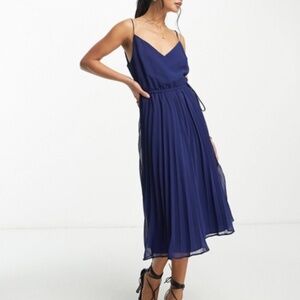 ASOS Pleated Cami Midi Dress in Navy Blue